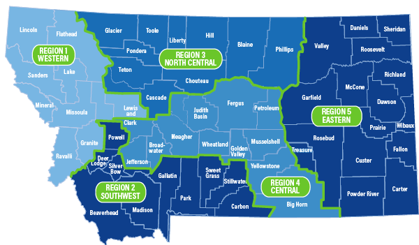Map of the Montana regions and schools that Reach Higher Montana advisors serve
